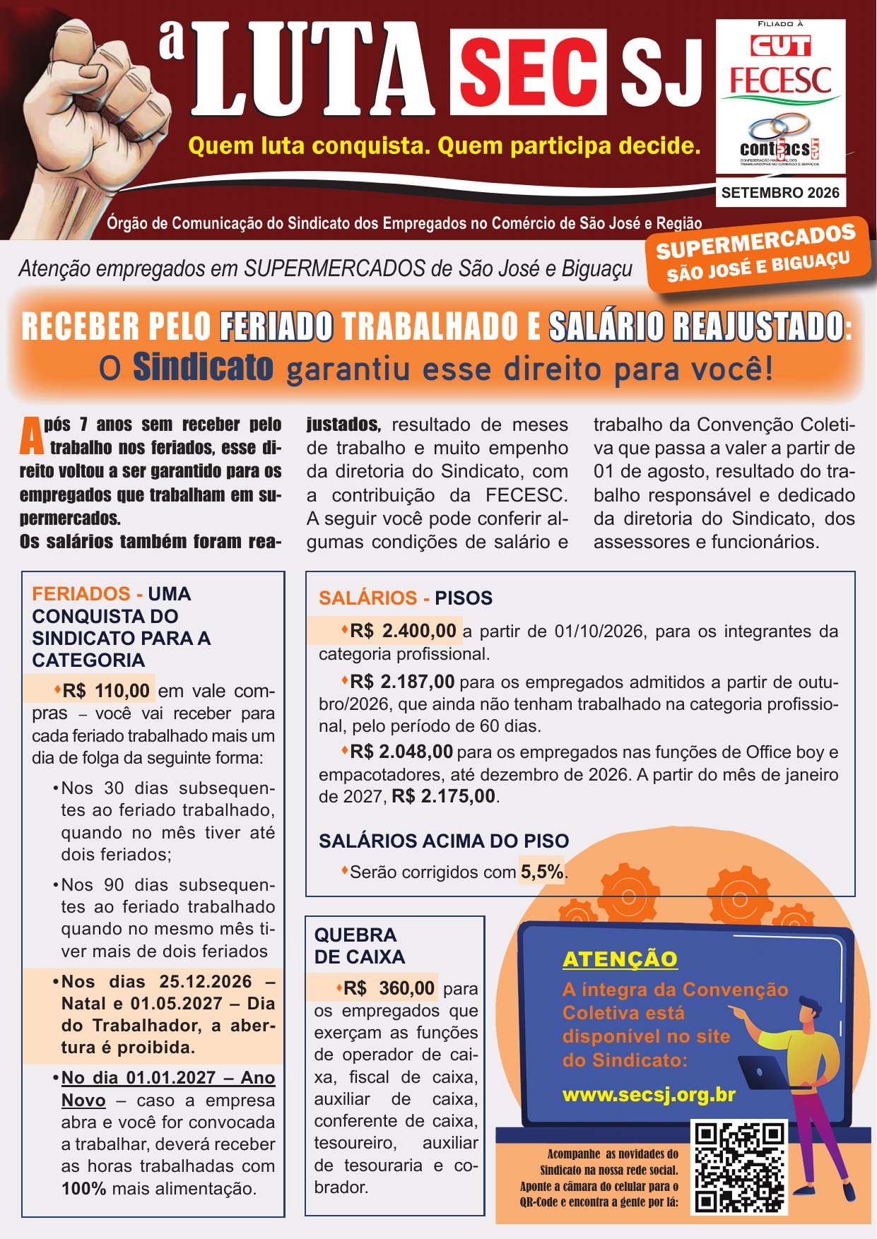 Página 1 do informativo dos supermercados de São José e Biguaçu, com salários e regras para o trabalho em feriados