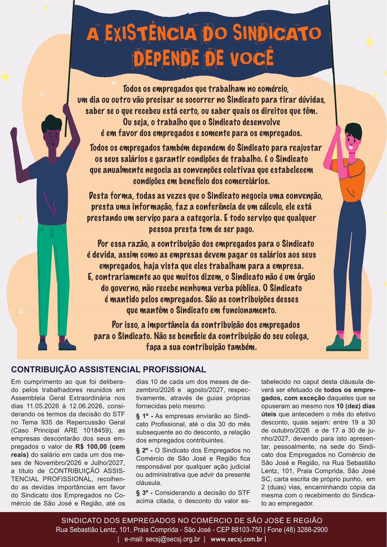 Página 2 do informativo dos supermercados de São José e Biguaçu, com informações sobre o Sindicato e a contribuição assistencial